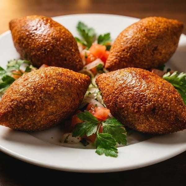Four golden-brown kibbeh, garnished with parsley, diced tomatoes, and onions on a white plate.