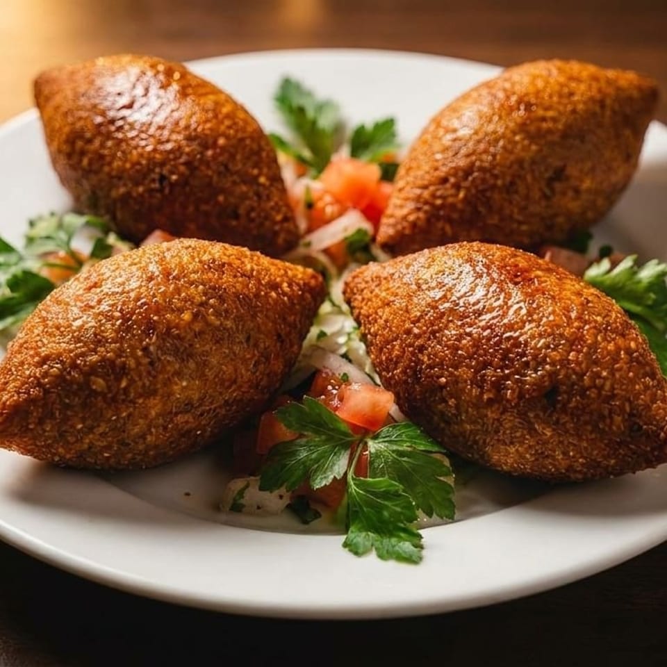 Four golden-brown kibbeh, garnished with parsley, diced tomatoes, and onions on a white plate.