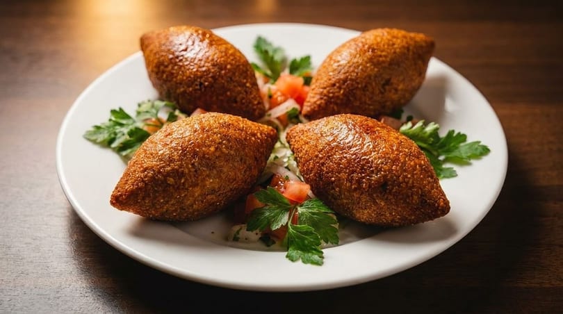 Four golden-brown kibbeh, garnished with parsley, diced tomatoes, and onions on a white plate.